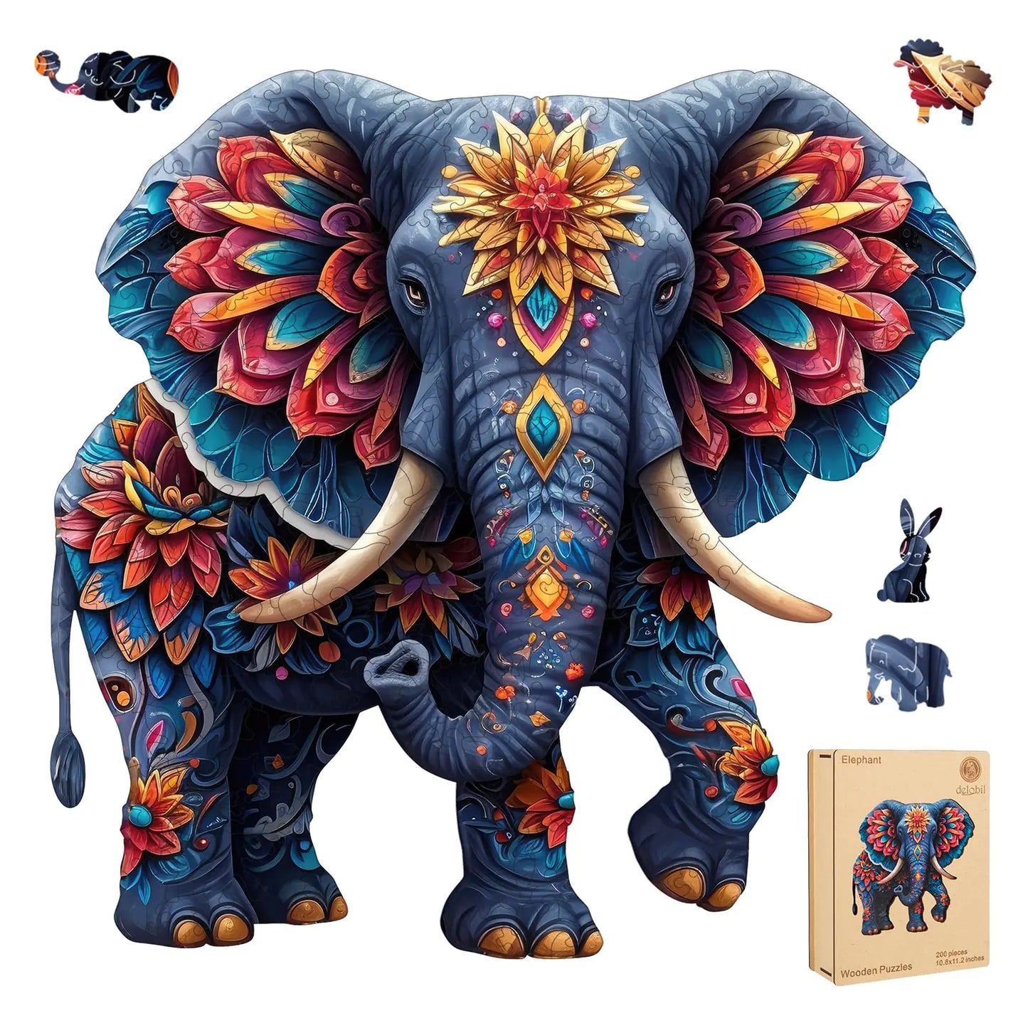 delobil Elephant Wooden Puzzles for Adults Jigsaw Puzzles 500 Pieces Unique Shape Puzzles with Wooden Box 16.7" x 16.1" Royal Size Family Game Gift Fun Challenging Puzzles for Adults and Kids