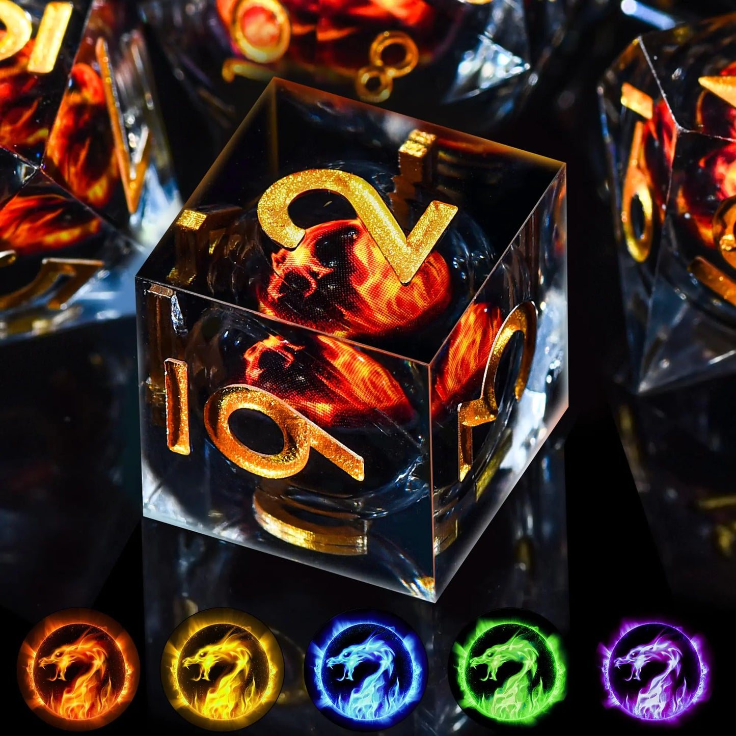 AUSTOR 7 Die DND Dice Set 7 Pieces Red Flame Dragon Resin Dice Role Playing D and D Dice D20 D12 D10 D8 D6 D4 Sharp Edge Dungeons and Dragons Dice with Case