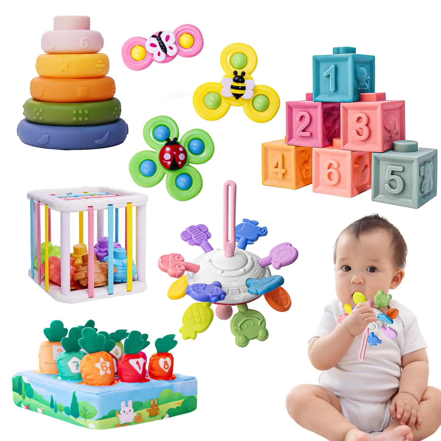 Baby Toys 6-12 Months Montessori Toys for 1 Years Old 6-in-1 Set Infant Toys with Sensory Toys Spinner Toys for Babies Baby Blocks Stacking Toys Learning Toys Gifts for Toddler Newborn 32PCS