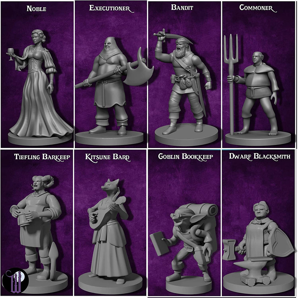 Wildspire 29 Whimsical Townsfolk Fantasy Set for DND Miniatures Dungeons Dragons Starter Pack D&D Minis Tabletop Unpainted NPC Bulk Set of Paintable Figures for D D Accessories and Pathfinder