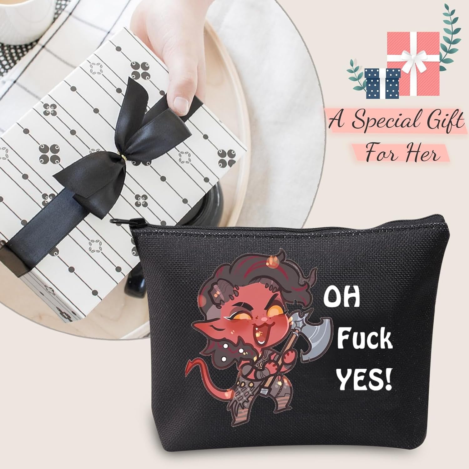 Oh F Yes Karlach Inspired Cosmetic Bag Funny RPG Gamer Gift BG3 Tiefling Makeup Bag (Oh F Yes Karlach Black)