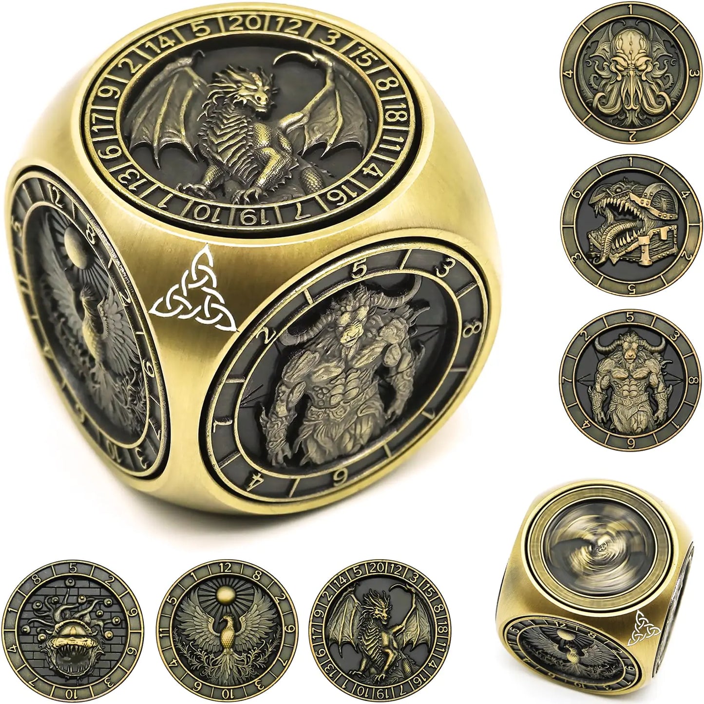 DND Spinner Dice 7 in 1 Unique Metal Dice Set with 3D Relief for Dungeons and Dragons Gifts Cool Polyhedral Role Playing Game Dice Fantasy D&D Tabletop RPG Accessories for DM & Player (Bronze)