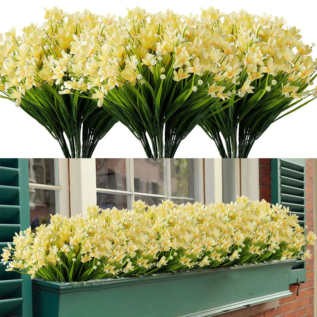 HAPLIA 4 Bundles Artificial Daffodils Flowers Fake Artificial Greenery UV Resistant No Fade Faux Plastic Plants for Wedding Bridle Bouquet Outdoor Home Garden Kitchen Office Table Vase(Yellow)
