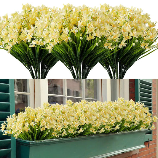 HAPLIA 4 Bundles Artificial Daffodils Flowers Fake Artificial Greenery UV Resistant No Fade Faux Plastic Plants for Wedding Bridle Bouquet Outdoor Home Garden Kitchen Office Table Vase(Yellow)