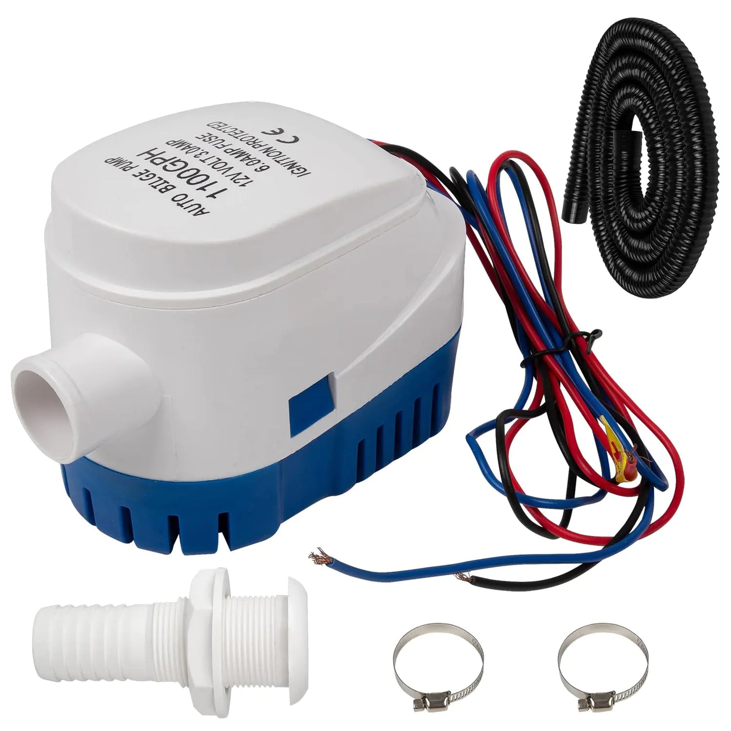 RANSOTO 12V 1100GPH 1-1/8 Inch Bilge Pump Plumbing Kits Automatic Boat Bilge Water Pump With Pump HoseClamps and Universal Fitting