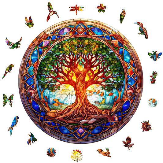 Aeekdook Wooden Jigsaw Puzzles for Adults - Wooden Puzzles Life of Tree- Stained Glass Unique Cool Wooden Puzzles for Adults - 300 Pieces Relax Puzzles (L - 13.4 * 13.4in)