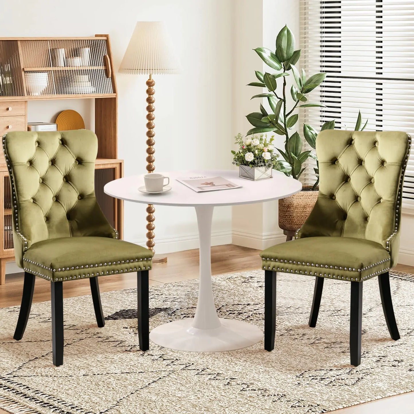 SoarTalent 3-Pieces 31.5" Round Dining Table Set for 2White Dining Table & 2 Velvet Upholstered Dining Chairs for Kitchen Dining Room Apartment Small Space(White Table & Olive Green Chairs)