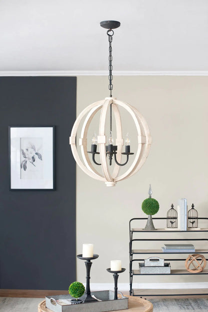 6 - Light Wood Chandelier With Adjustable Chain For Kitchen, Dining Hall Entrance, Bulb Not Included