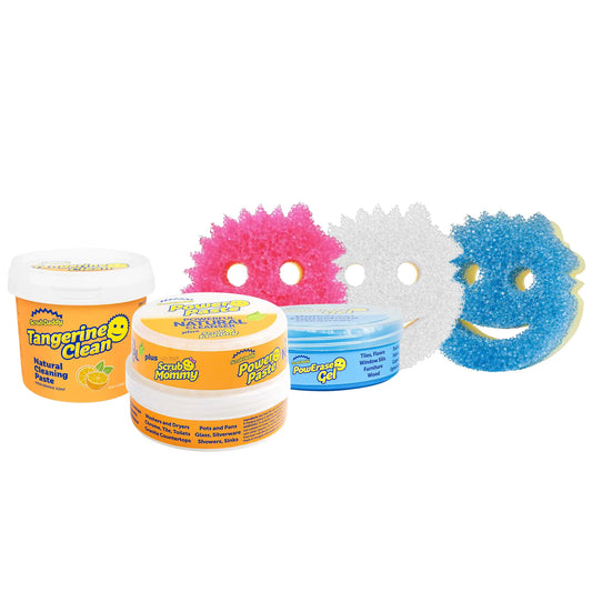 Scrub Daddy Sponges + Household Cleaning Supplies Bundle - PowerPaste Cleaning Putty Tangerine Clean PowErase Gel All Purpose Cleaner & 3 Scrub Mommy Sponges (3 Pastes & 3 Sponges)