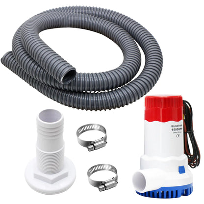 CREATORELE 1500 GPH Bilge Pump For Boats 12v And A 1-1/8 Inch Bilge Pump Plumbing Kit Including 1pcs Bilge Pump Hose 2pc Hose Clamps and 1pc Thru-Hull Fitting
