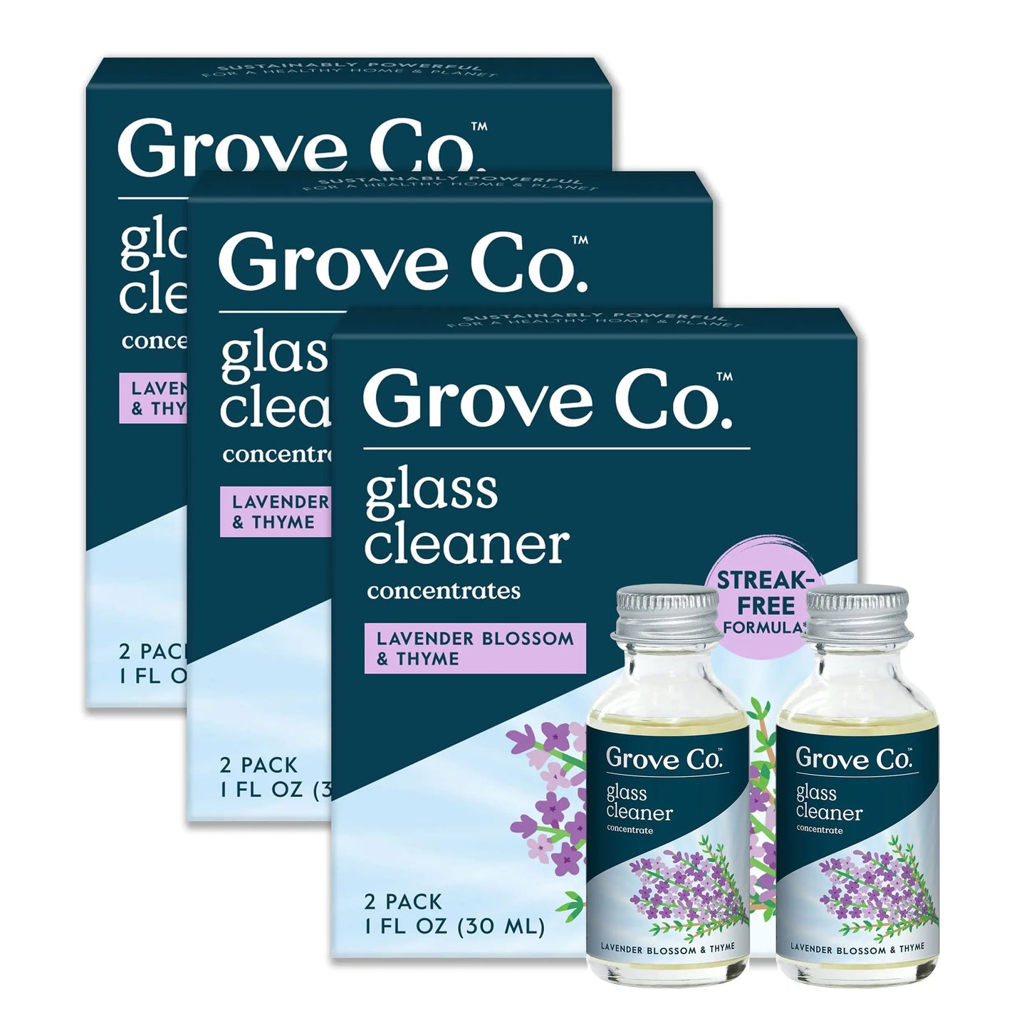 Grove Co. Glass Cleaner Refill Concentrate (6 x 1 Fl Oz) Streak Free Plant-Based Household Cleaning Supplies No Plastic Waste 100% Natural Lavender & Thyme Fragrance 3 x 2 Pack Refills