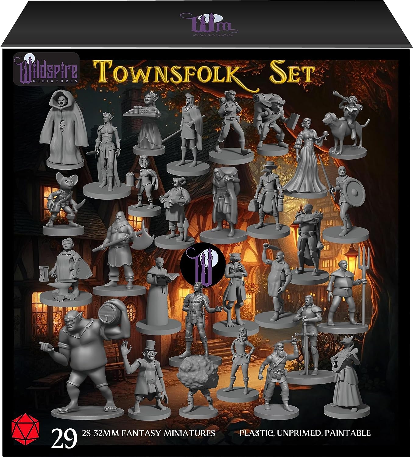 Wildspire 29 Whimsical Townsfolk Fantasy Set for DND Miniatures Dungeons Dragons Starter Pack D&D Minis Tabletop Unpainted NPC Bulk Set of Paintable Figures for D D Accessories and Pathfinder
