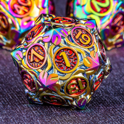KERWELLSI Metal DND Dice Set D&D 7Pcs Nature Vines Leaf Dungeons and Dragons Role Playing Dice with Gift Box Rainbow Red Polyhedral Handmade RPG D and D Game Dice D20 D12 D10 D8 D6 D4