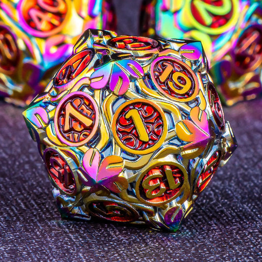 KERWELLSI Metal DND Dice Set D&D 7Pcs Nature Vines Leaf Dungeons and Dragons Role Playing Dice with Gift Box Rainbow Red Polyhedral Handmade RPG D and D Game Dice D20 D12 D10 D8 D6 D4