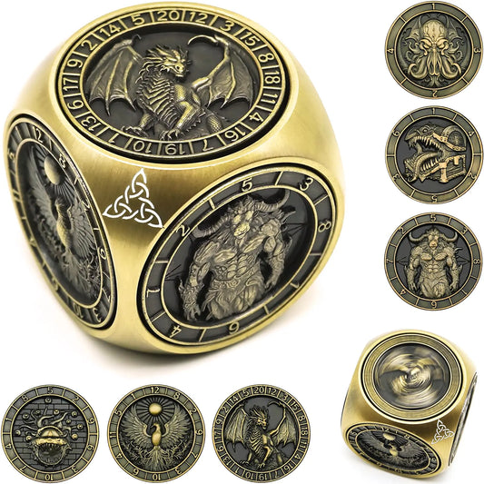 DND Spinner Dice 7 in 1 Unique Metal Dice Set with 3D Relief for Dungeons and Dragons Gifts Cool Polyhedral Role Playing Game Dice Fantasy D&D Tabletop RPG Accessories for DM & Player (Bronze)