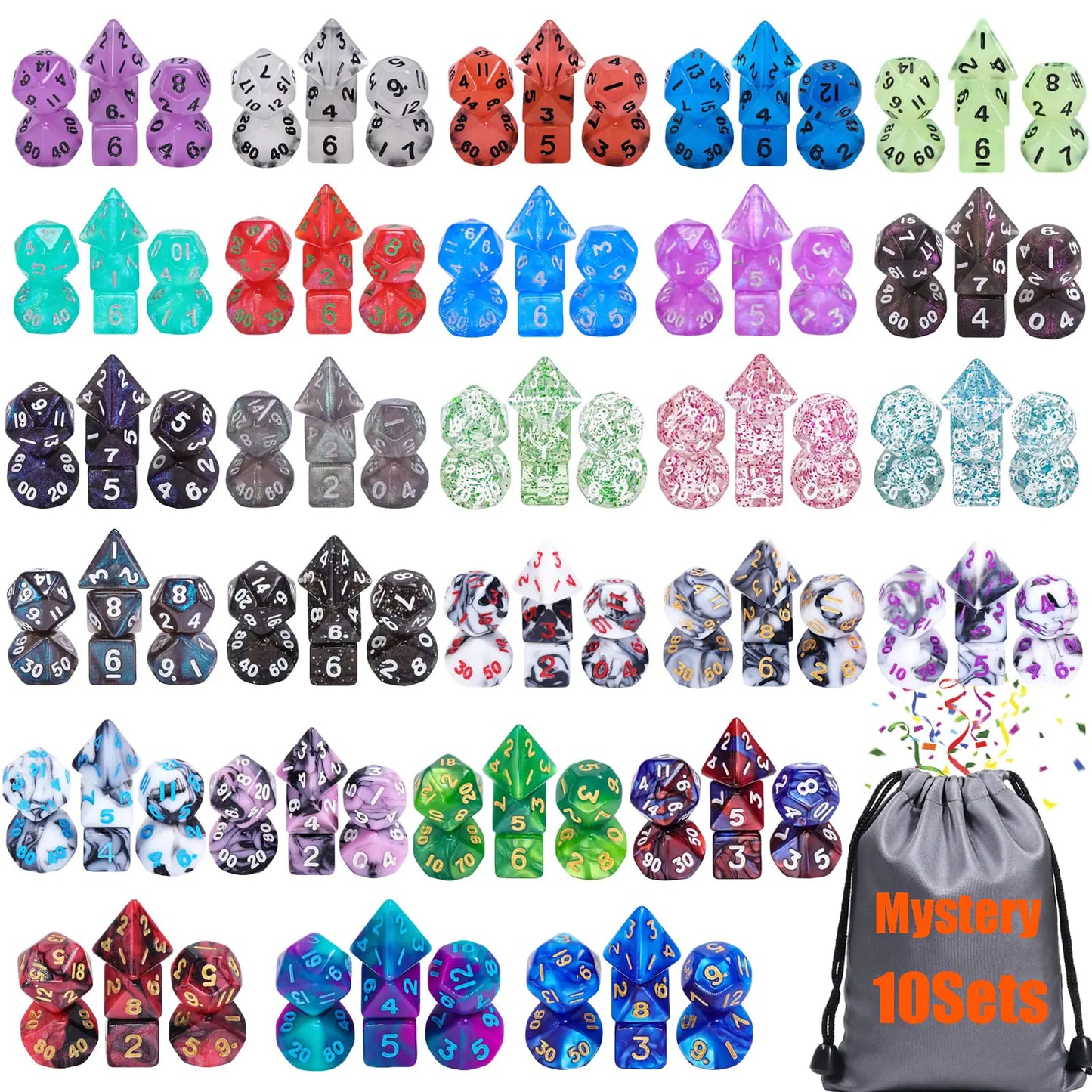 10 Sets Random Assortment Polyhedral RPG Mini Dice (70pcs)Surprise Mystery Mini Dice Set10mm Mini DND Magic The Gathering Dice Set for MTGRPGD&D Dungeons and Dragons Role Playing Game
