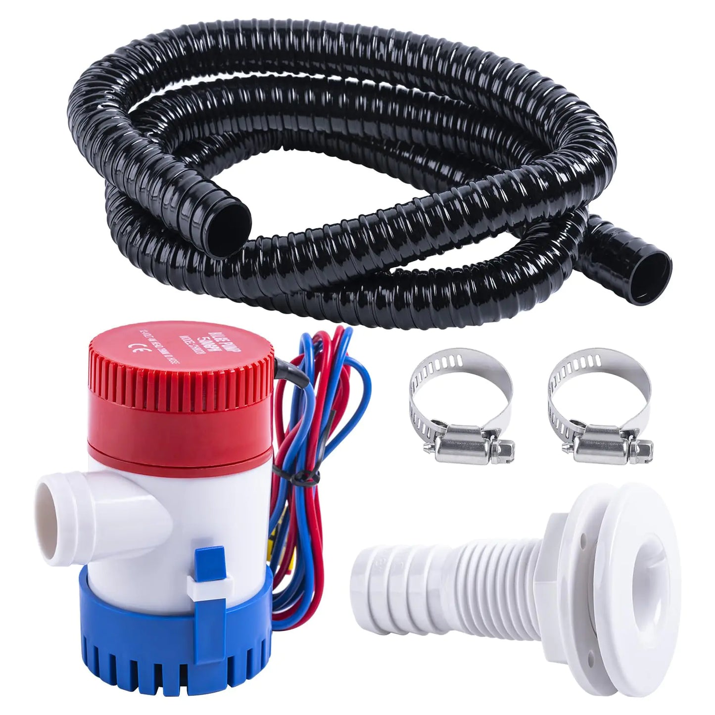 CHANGE MOORE 500GPH Bilge Pump Electric 12V Boat Bilge Water Pump Low Noise 1-1/8 Inch Marine Bilge Pump Plumbing Kit with 6 FT Bilge Pump Hose 2 Clamps and 1 Drainage Outlet