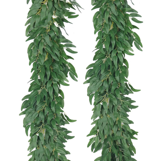 Artificial Willow Leaves Vine Twigs 2Pcs 6Ft Fake Hanging Plant Silk Willows Leaf Ivy Garland Faux Italian Ruscus Greenery Decor for Indoor Outdoor Wedding Arch Jungle Beach Birthday Party Home Garden